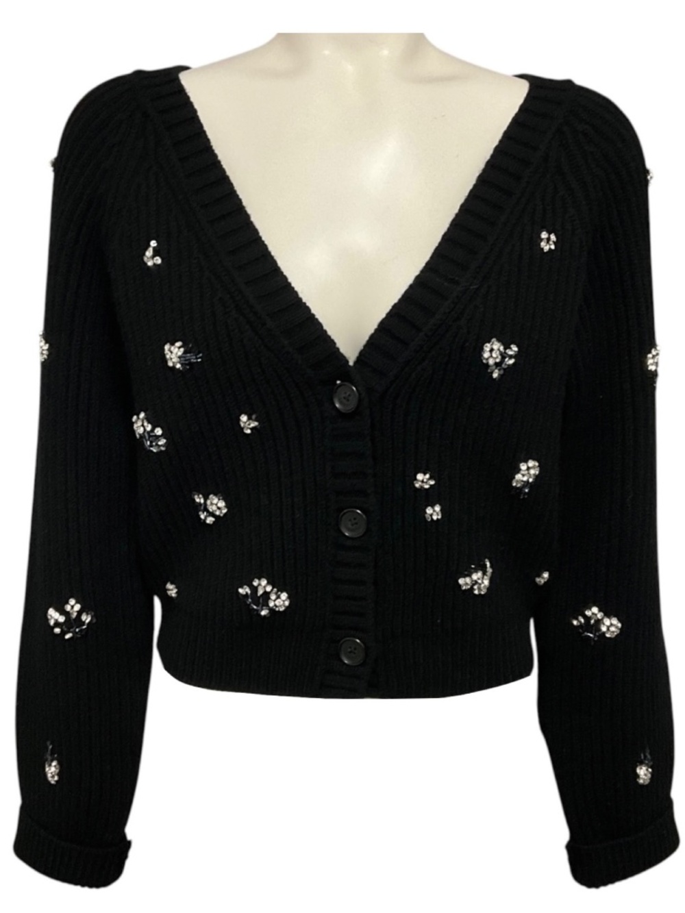 SIMKHAI BLACK CRYSTAL EMBELLISHED WOOL AND CASHMERE KNIT CARDIGAN SWEATER